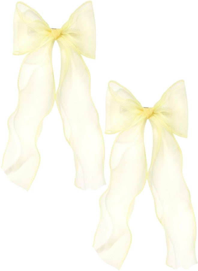 STSTR 2Pcs Large Hair Bow Clips, Yellow Silk Yarn Ribbon Bow Hair Barrette for Women, Elegant Long Tail Bowknot French Hair Accessories for Wedding, Parties, Festivals - Style 4 - Image 1